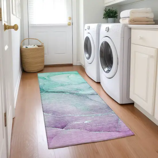 Green Abstract Washable Non Skid Indoor Outdoor Runner Rug Photo 9