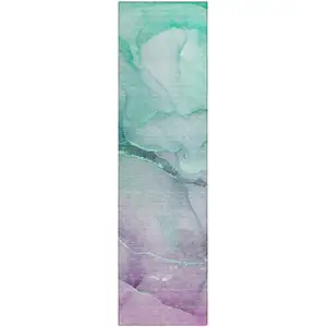 Photo of 8' Runner Green Abstract Washable Non Skid Indoor Outdoor Runner Rug