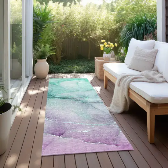 Green Abstract Washable Non Skid Indoor Outdoor Runner Rug Photo 8