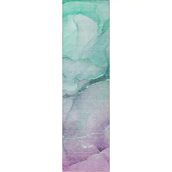 Green Abstract Washable Non Skid Indoor Outdoor Runner Rug Photo 4