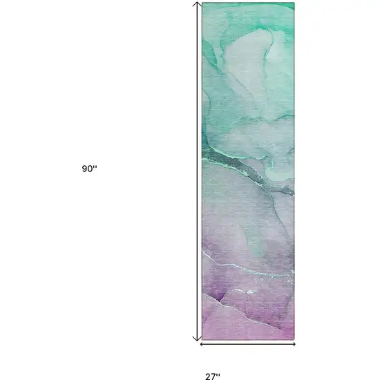 Green Abstract Washable Non Skid Indoor Outdoor Runner Rug Photo 3
