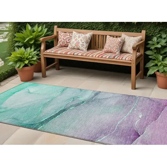Green Abstract Washable Non Skid Indoor Outdoor Runner Rug Photo 1