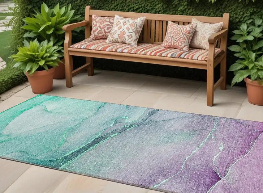Green Abstract Washable Non Skid Indoor Outdoor Runner Rug Photo 1