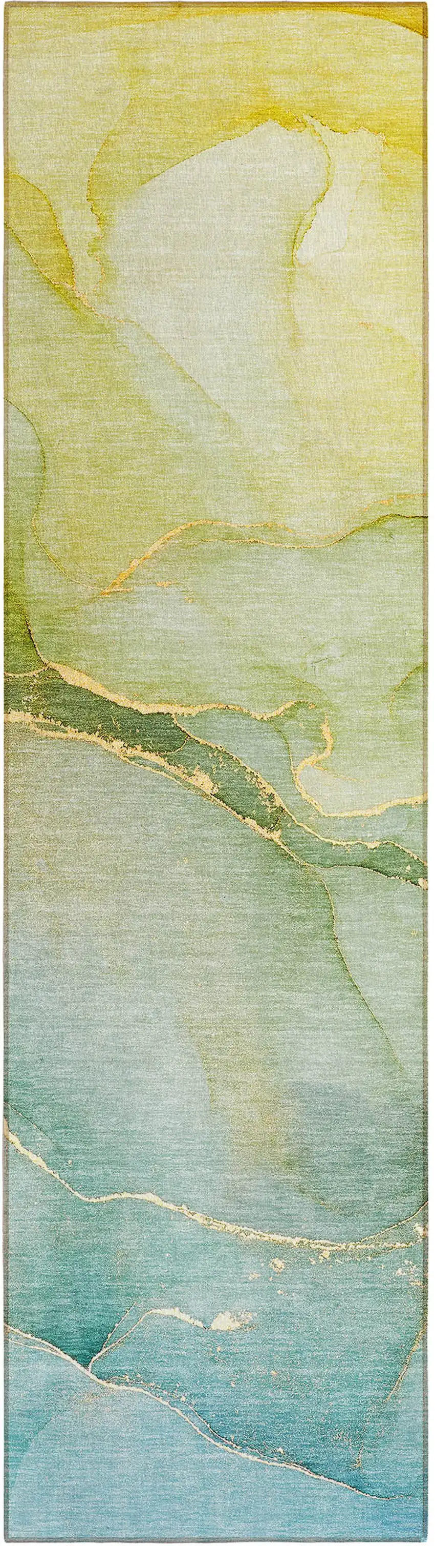 Green Abstract Washable Non Skid Indoor Outdoor Runner Rug Photo 2