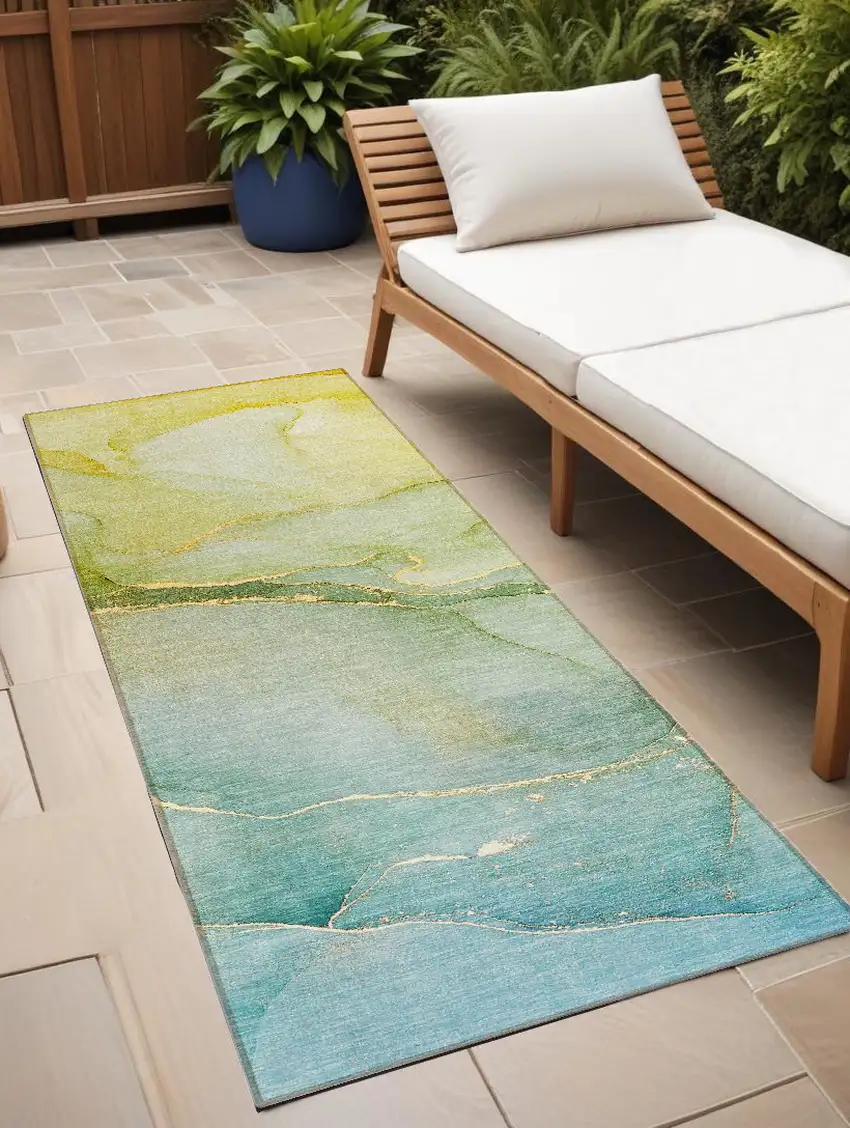 8' Runner Green Abstract Washable Non Skid Indoor Outdoor Runner Rug Photo 1
