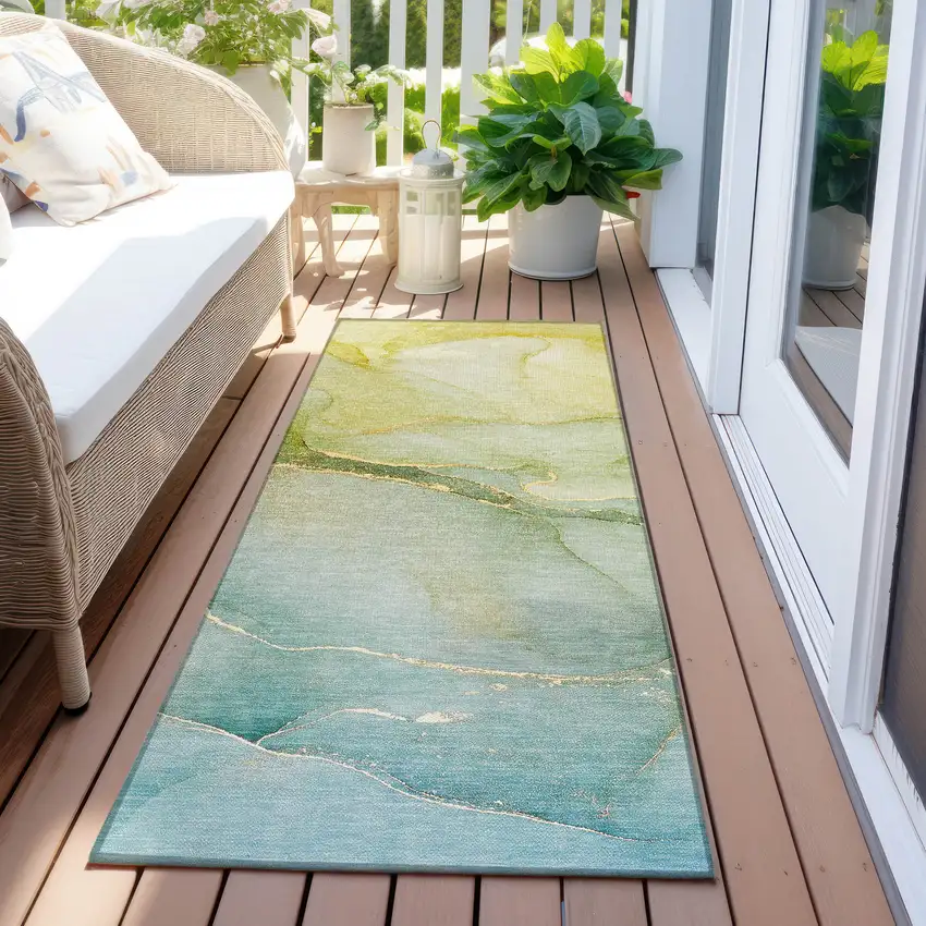 Green Abstract Washable Non Skid Indoor Outdoor Runner Rug Photo 8