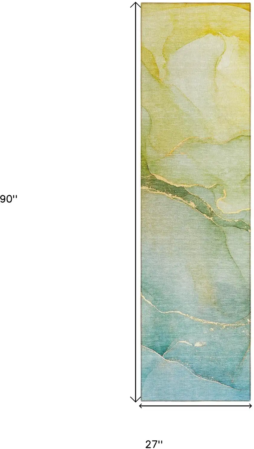 Green Abstract Washable Non Skid Indoor Outdoor Runner Rug Photo 3