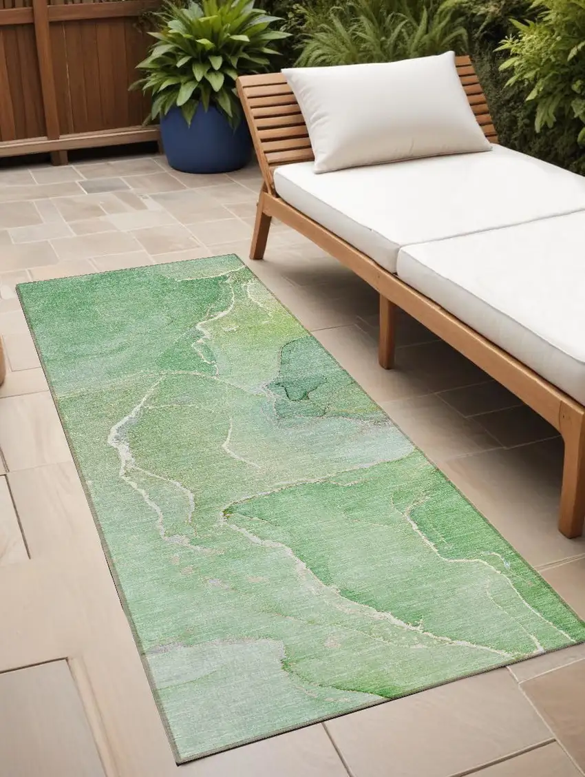 8' Runner Green Abstract Washable Non Skid Indoor Outdoor Runner Rug Photo 1