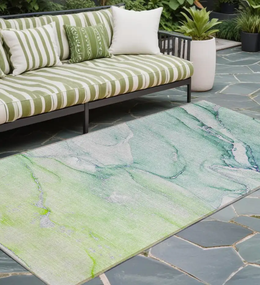 Green Abstract Washable Non Skid Indoor Outdoor Runner Rug Photo 1