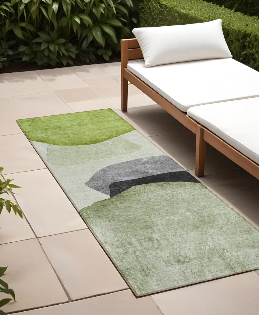 Green Black and Gray Abstract Washable Non Skid Indoor Outdoor Runner Rug Photo 1