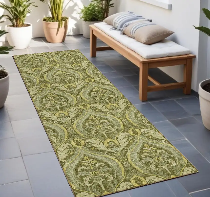 8' Runner Green Damask Washable Non Skid Indoor Outdoor Runner Rug Photo 1