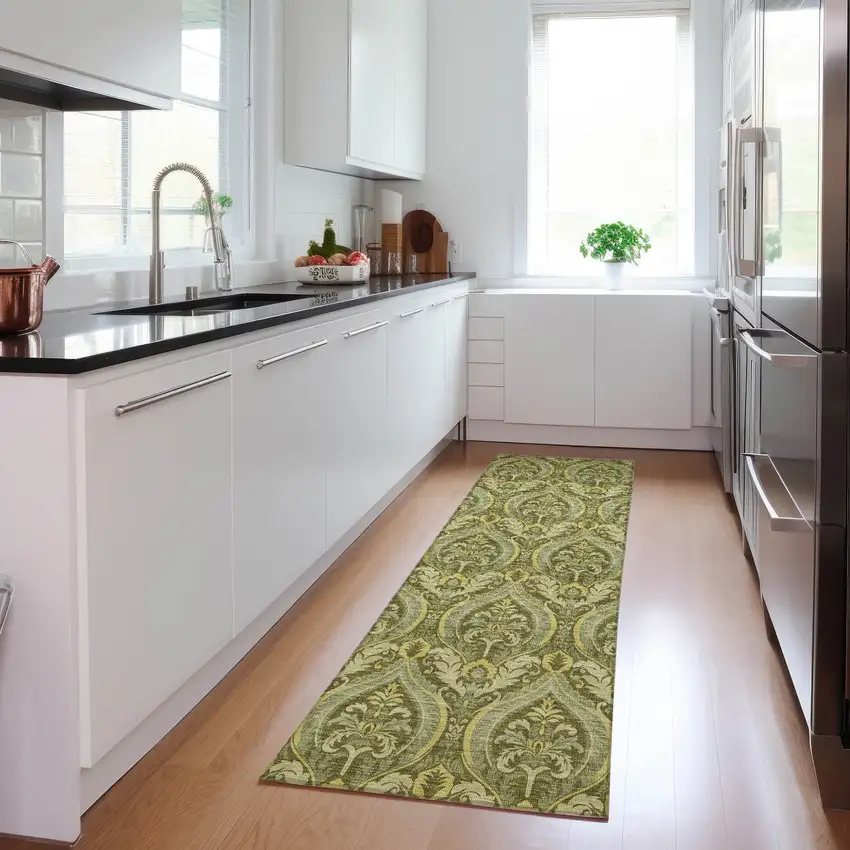 Green Damask Washable Non Skid Indoor Outdoor Runner Rug Photo 9