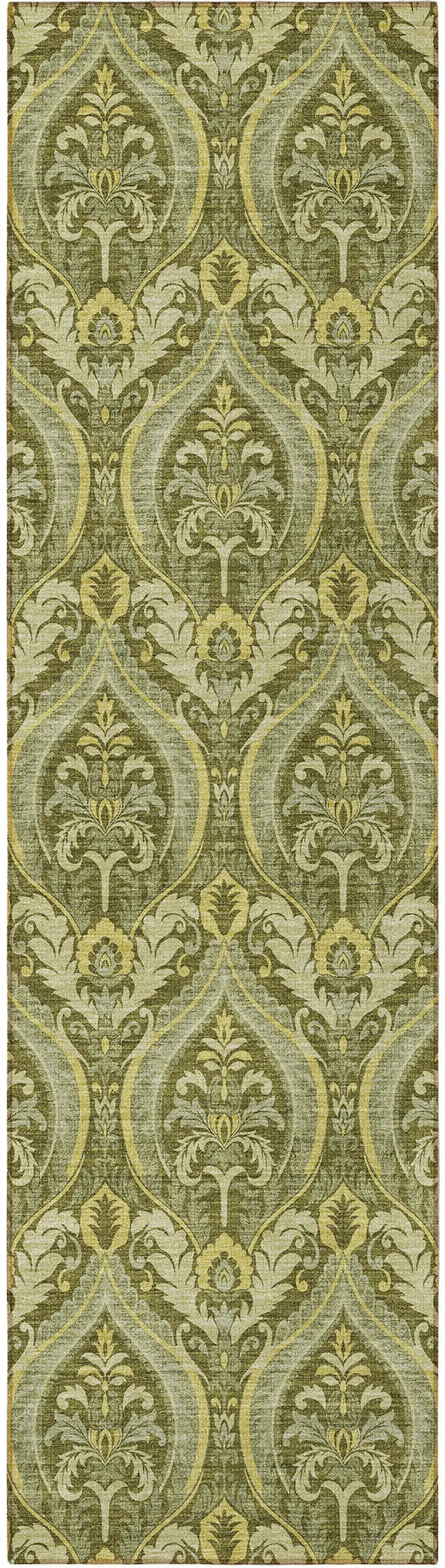 8' Runner Green Damask Washable Non Skid Indoor Outdoor Runner Rug Photo 5