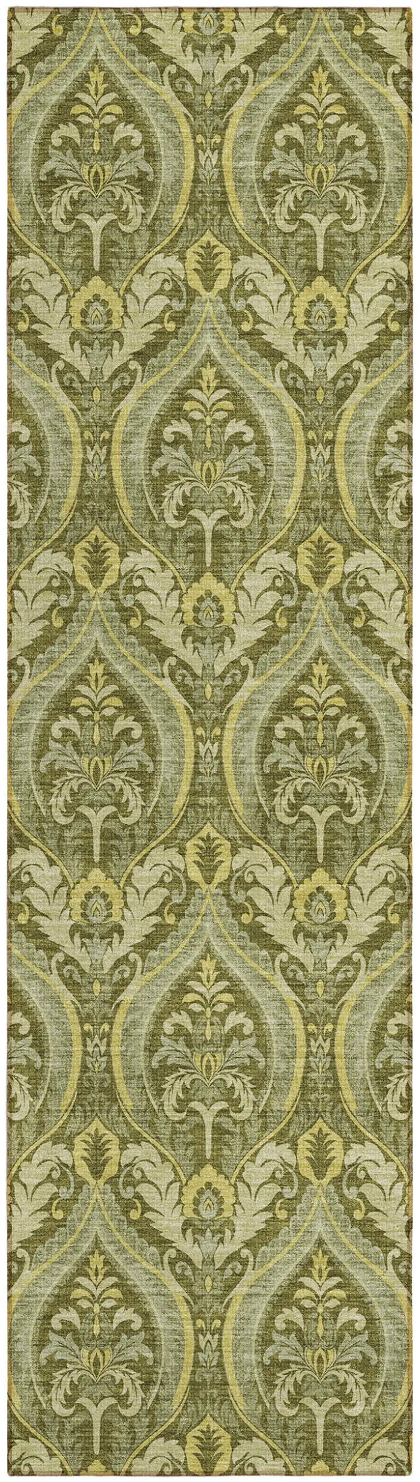 Green Damask Washable Non Skid Indoor Outdoor Runner Rug Photo 2