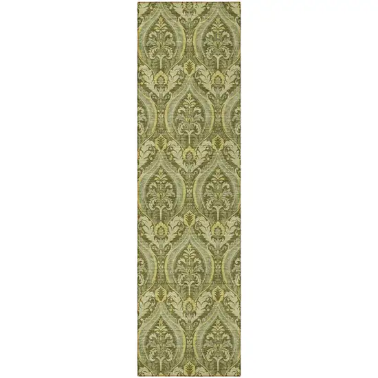 8' Runner Green Damask Washable Non Skid Indoor Outdoor Runner Rug Photo 4