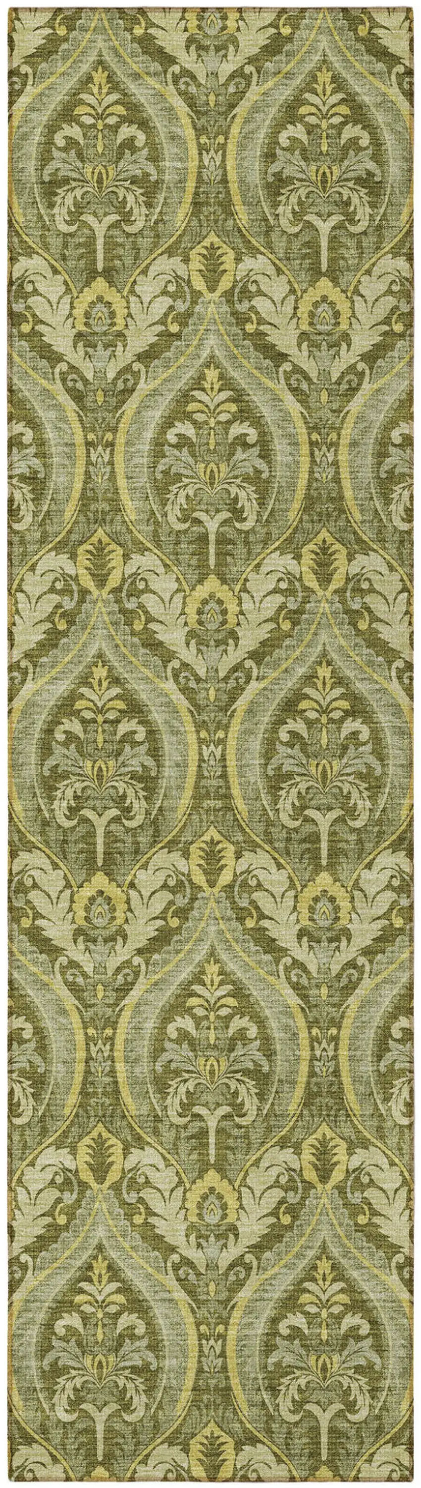 8' Runner Green Damask Washable Non Skid Indoor Outdoor Runner Rug Photo 4