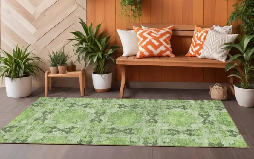 Green Floral Medallion Washable Non Skid Indoor Outdoor Runner Rug Photo 1