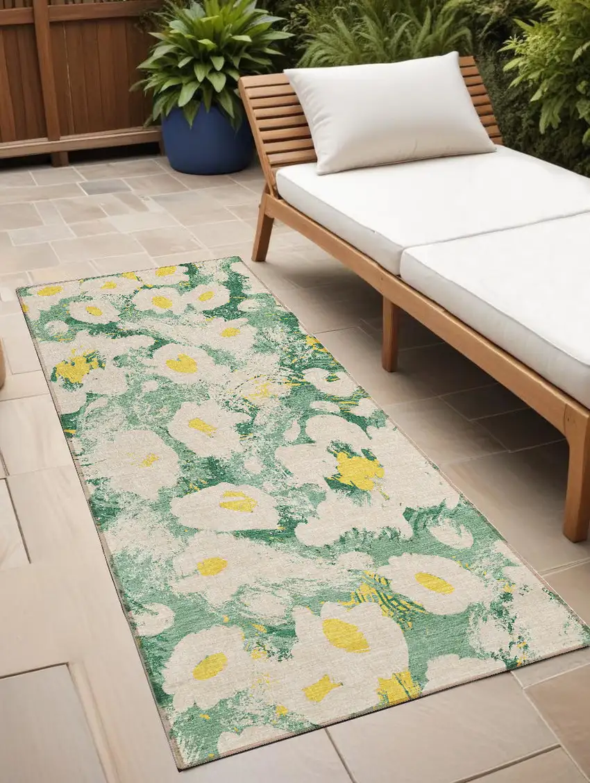 8' Runner Green Floral Washable Non Skid Indoor Outdoor Runner Rug Photo 1