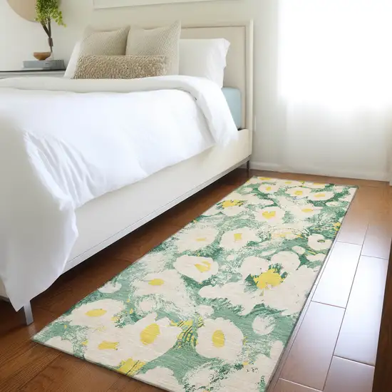 Green Floral Washable Non Skid Indoor Outdoor Runner Rug Photo 9