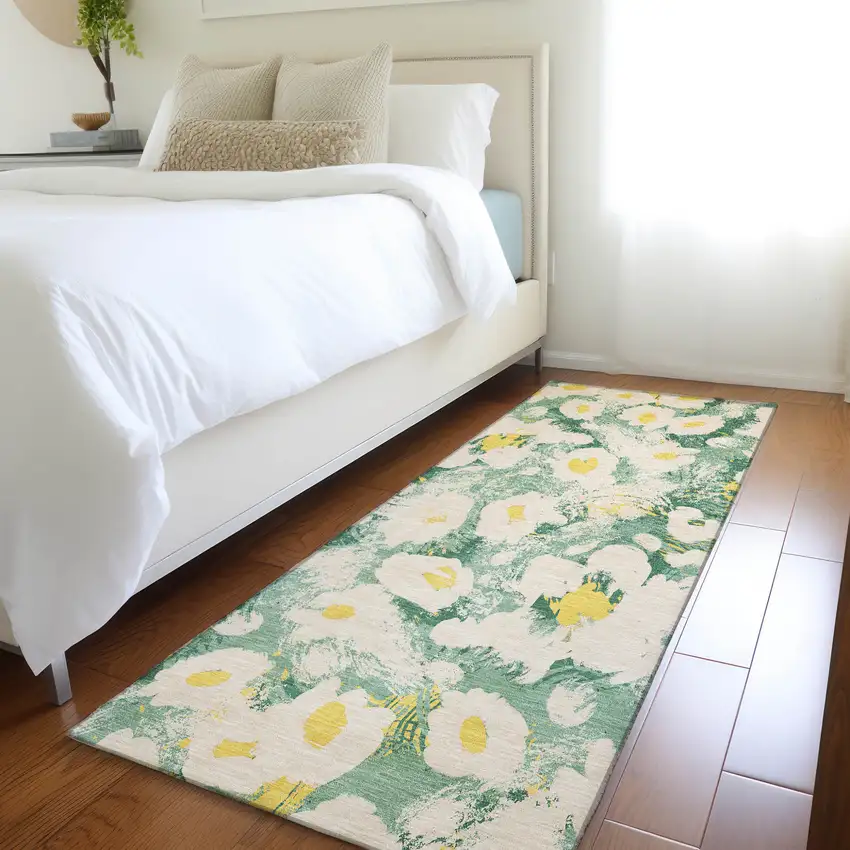 Green Floral Washable Non Skid Indoor Outdoor Runner Rug Photo 9
