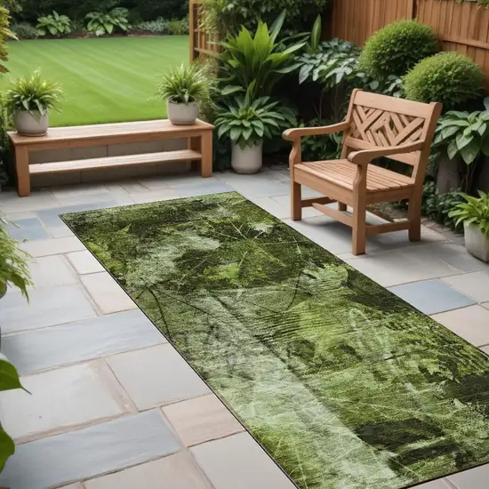 Green Floral Washable Non Skid Indoor Outdoor Runner Rug Photo 1