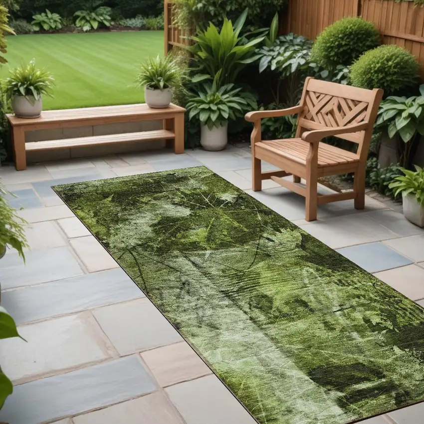 Green Floral Washable Non Skid Indoor Outdoor Runner Rug Photo 1