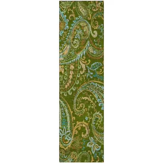 Green Paisley Washable Non Skid Indoor Outdoor Runner Rug Photo 5