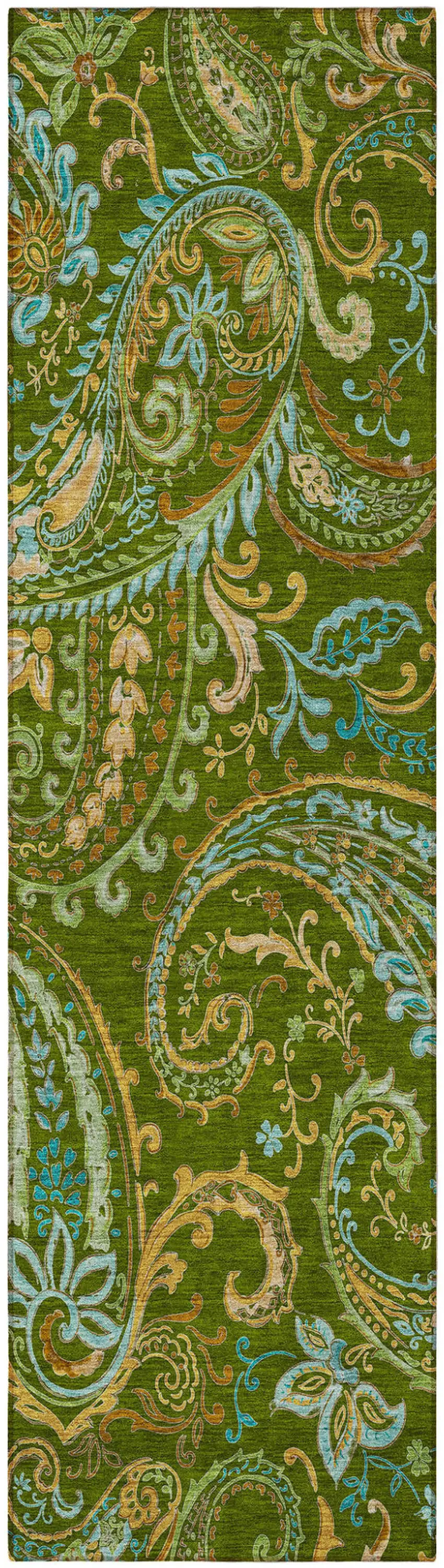 Green Paisley Washable Non Skid Indoor Outdoor Runner Rug Photo 5