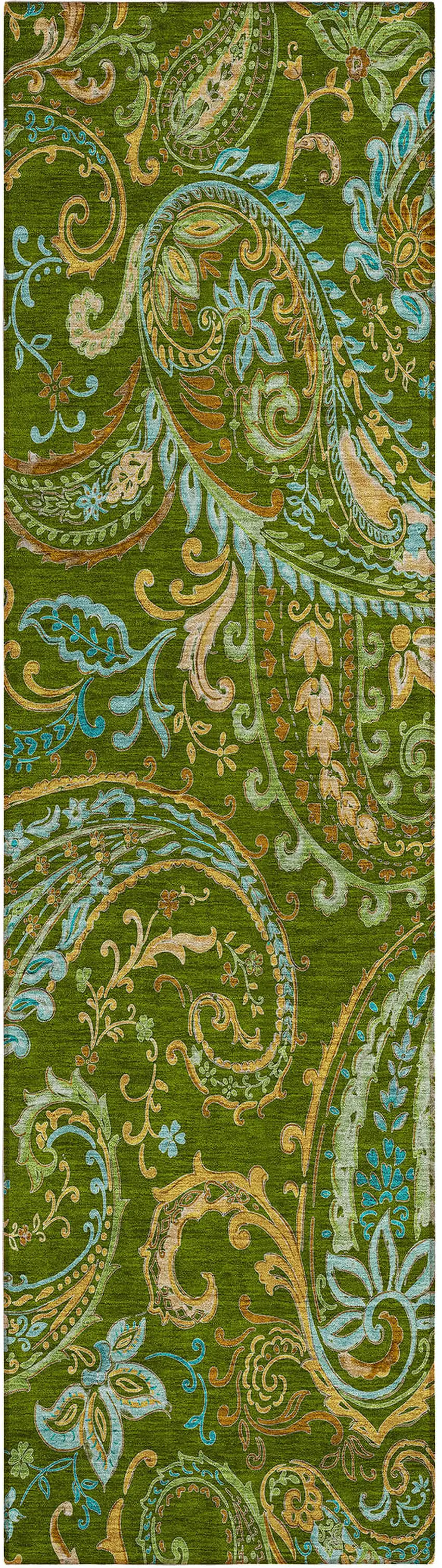 8' Runner Green Paisley Washable Non Skid Indoor Outdoor Runner Rug Photo 2