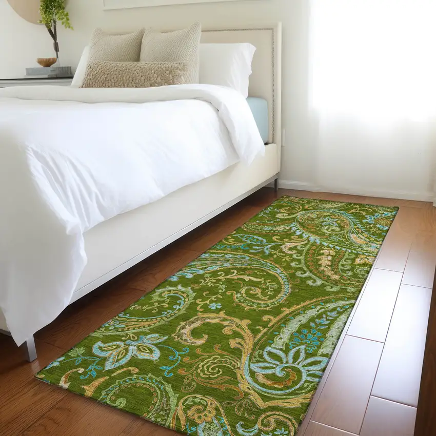 Green Paisley Washable Non Skid Indoor Outdoor Runner Rug Photo 9