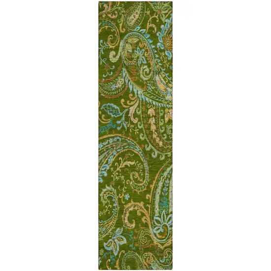 Green Paisley Washable Non Skid Indoor Outdoor Runner Rug Photo 2