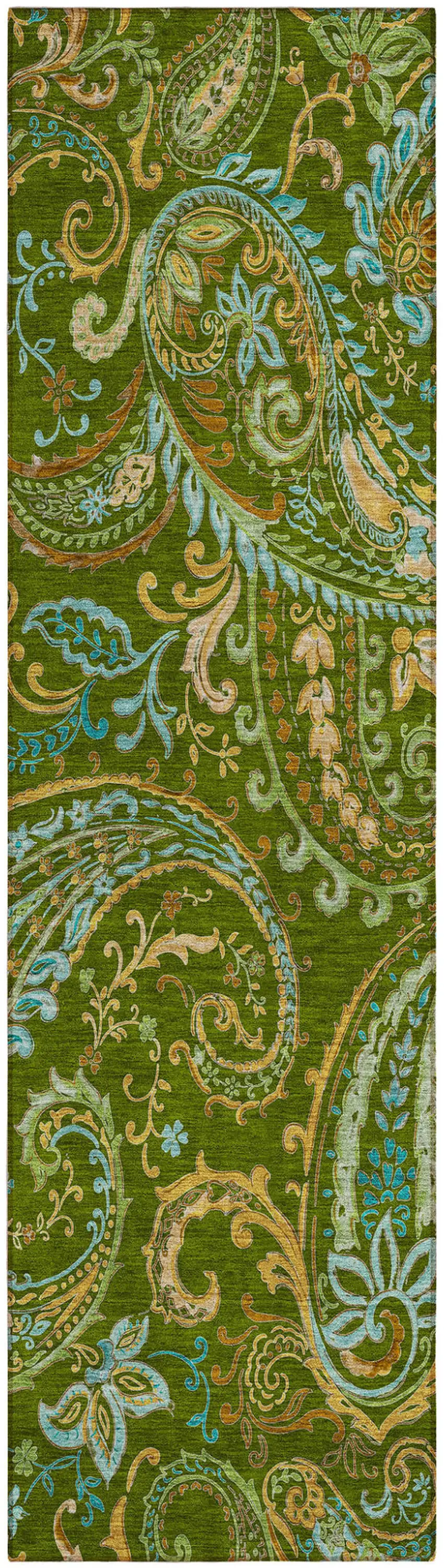Green Paisley Washable Non Skid Indoor Outdoor Runner Rug Photo 2