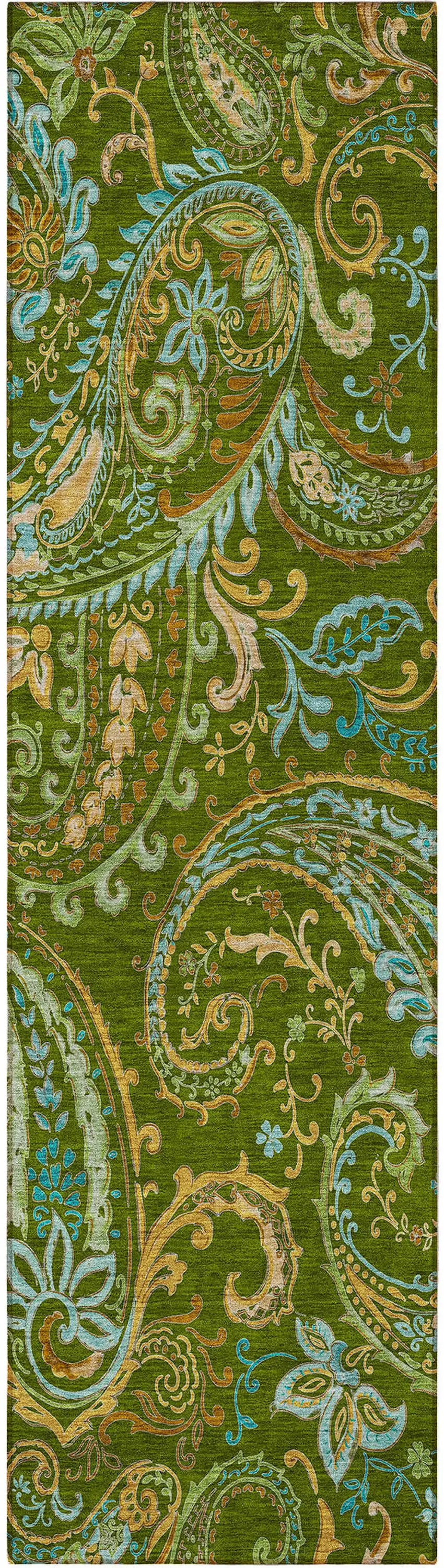 8' Runner Green Paisley Washable Non Skid Indoor Outdoor Runner Rug Photo 5