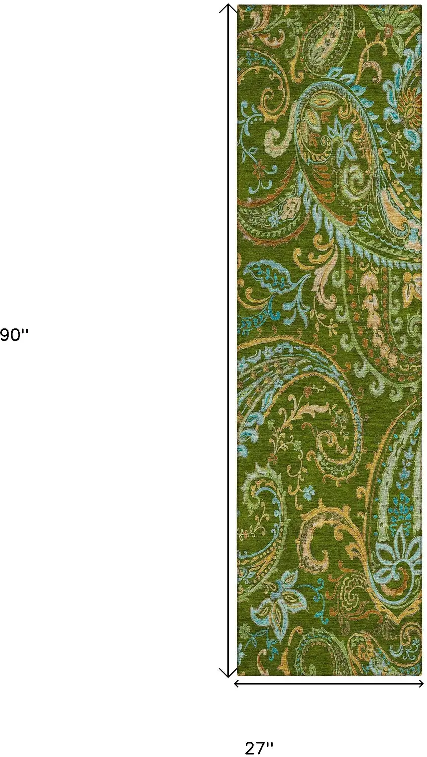 8' Runner Green Paisley Washable Non Skid Indoor Outdoor Runner Rug Photo 3
