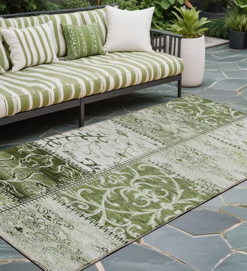 Green Patchwork Washable Non Skid Indoor Outdoor Runner Rug Photo 1