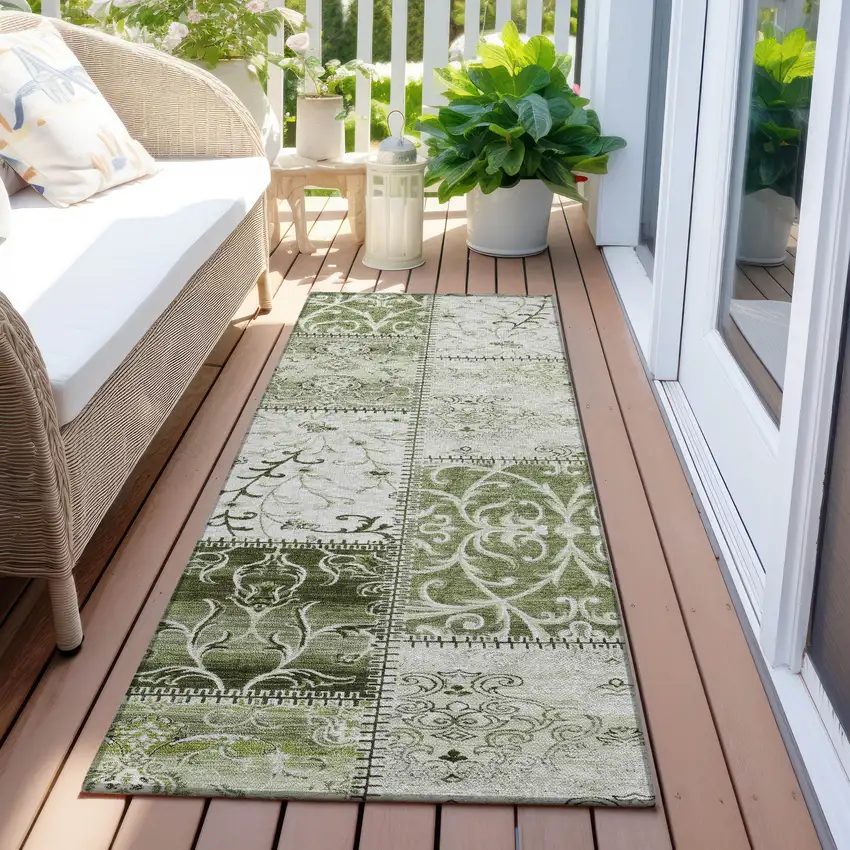 Green Patchwork Washable Non Skid Indoor Outdoor Runner Rug Photo 8