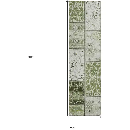 8' Runner Green Patchwork Washable Non Skid Indoor Outdoor Runner Rug Photo 3