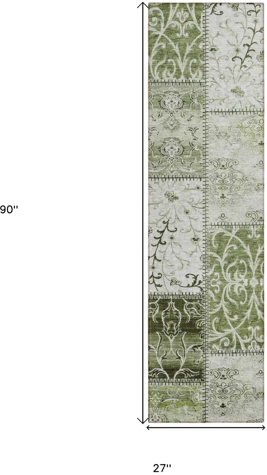 8' Runner Green Patchwork Washable Non Skid Indoor Outdoor Runner Rug Photo 3