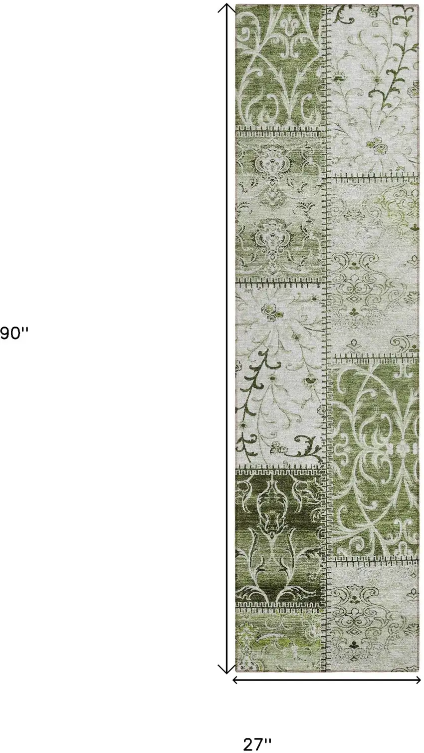 8' Runner Green Patchwork Washable Non Skid Indoor Outdoor Runner Rug Photo 3