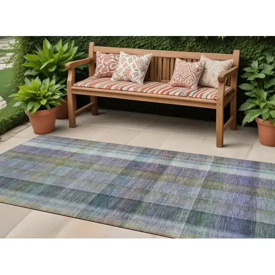 Blue Gray and Green Plaid Washable Non Skid Indoor Outdoor Area Rug Photo 1