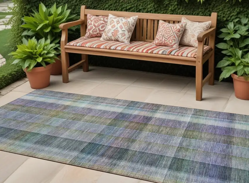Blue Gray and Green Plaid Washable Non Skid Indoor Outdoor Area Rug Photo 1