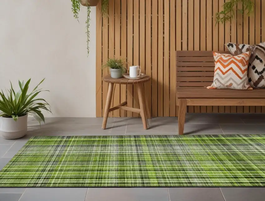 Green Black and Gray Plaid Washable Non Skid Indoor Outdoor Area Rug Photo 1