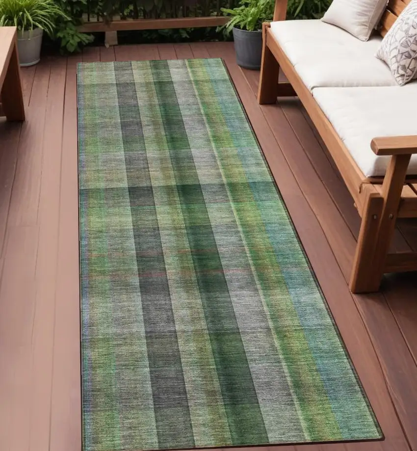 Green Beige and Gray Plaid Washable Non Skid Indoor Outdoor Area Rug Photo 1