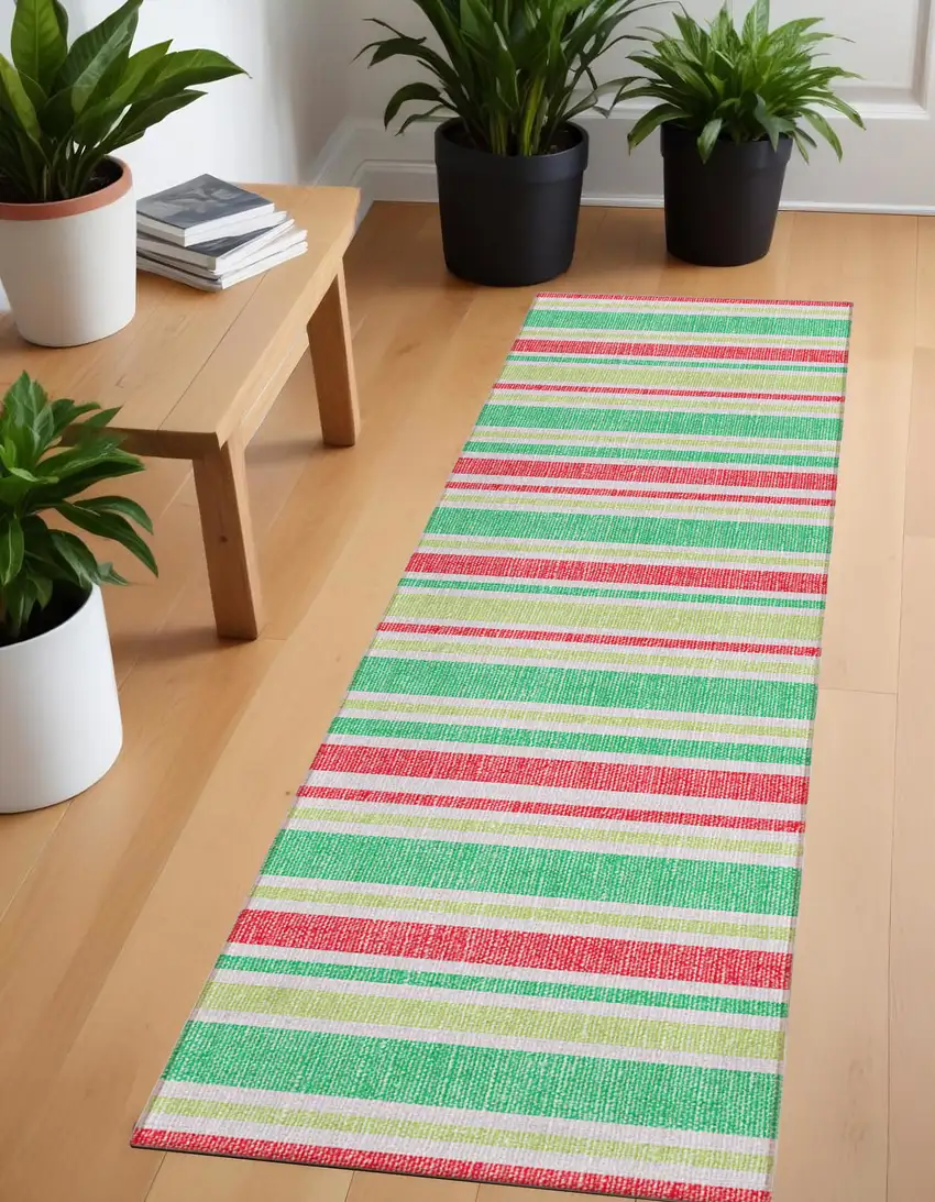 Red Green and White Striped Washable Non Skid Indoor Outdoor Area Rug Photo 1