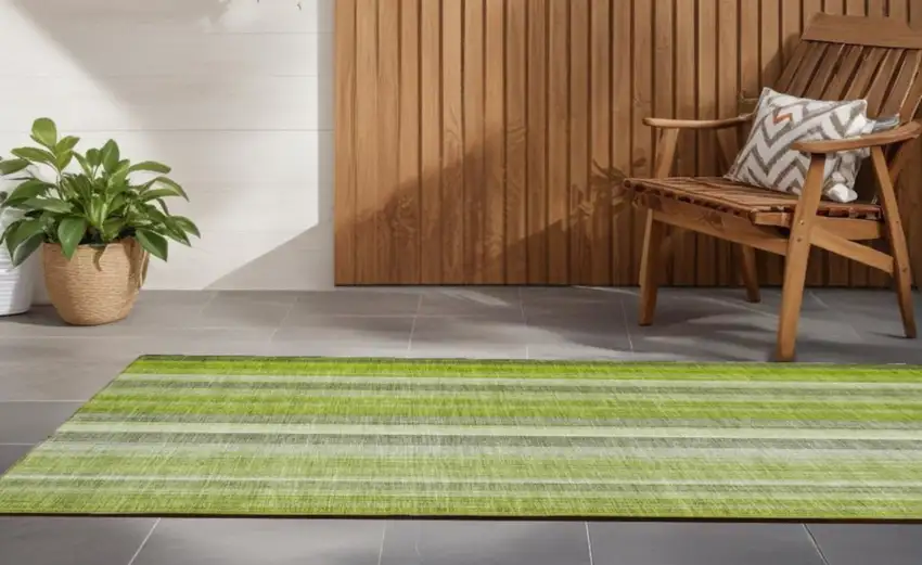 Green Striped Washable Non Skid Indoor Outdoor Runner Rug Photo 1