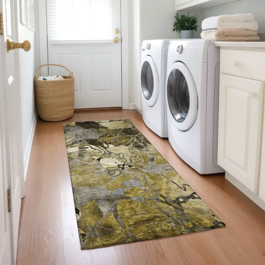 Green and Brown Abstract Washable Indoor Outdoor Runner Rug Photo 8