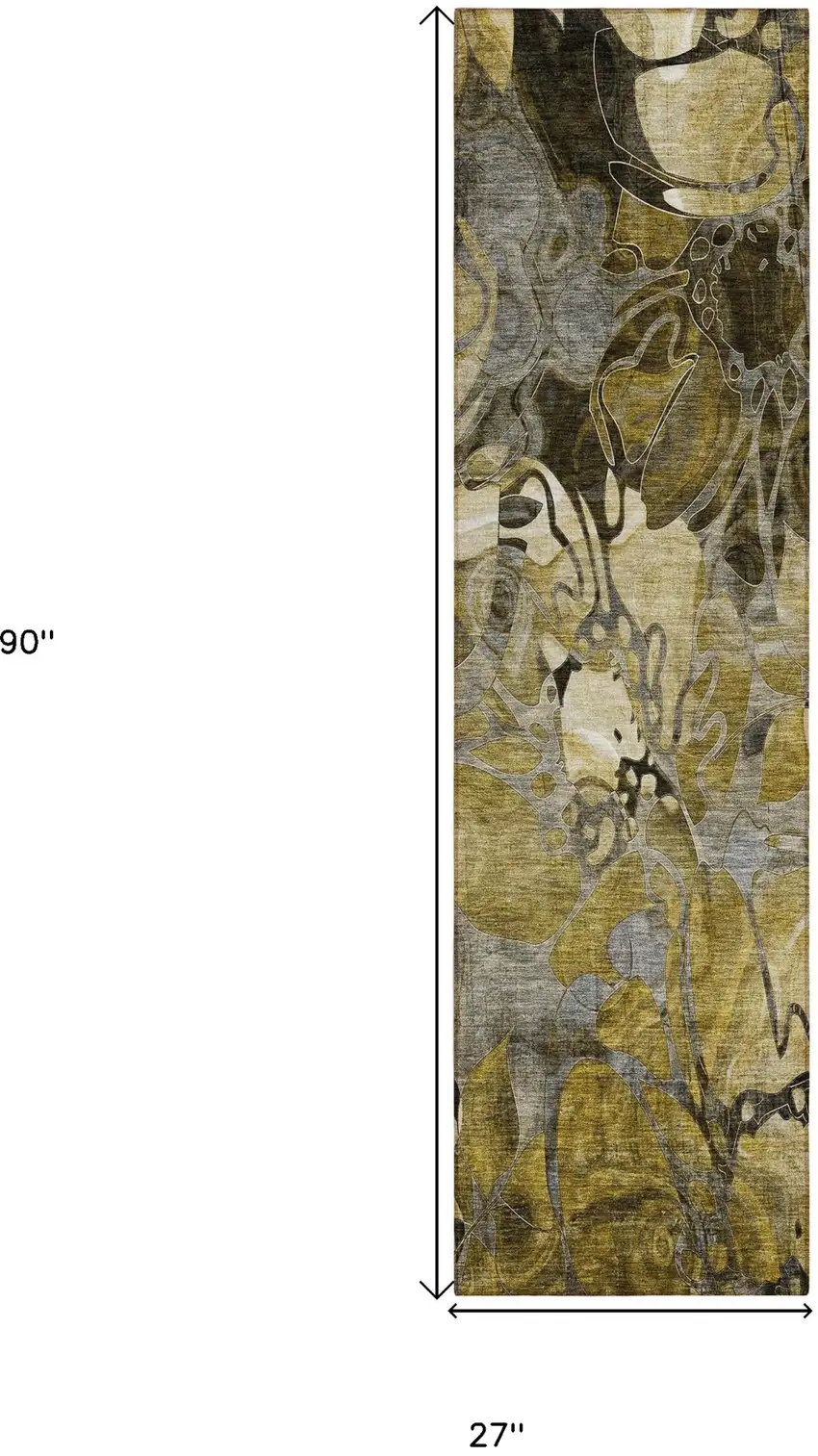 Green and Brown Abstract Washable Indoor Outdoor Runner Rug Photo 3
