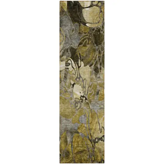 Green and Brown Abstract Washable Indoor Outdoor Runner Rug Photo 2