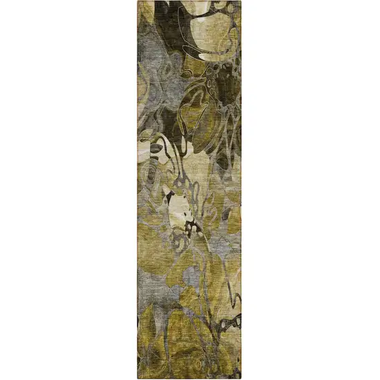 Green and Brown Abstract Washable Indoor Outdoor Runner Rug Photo 2