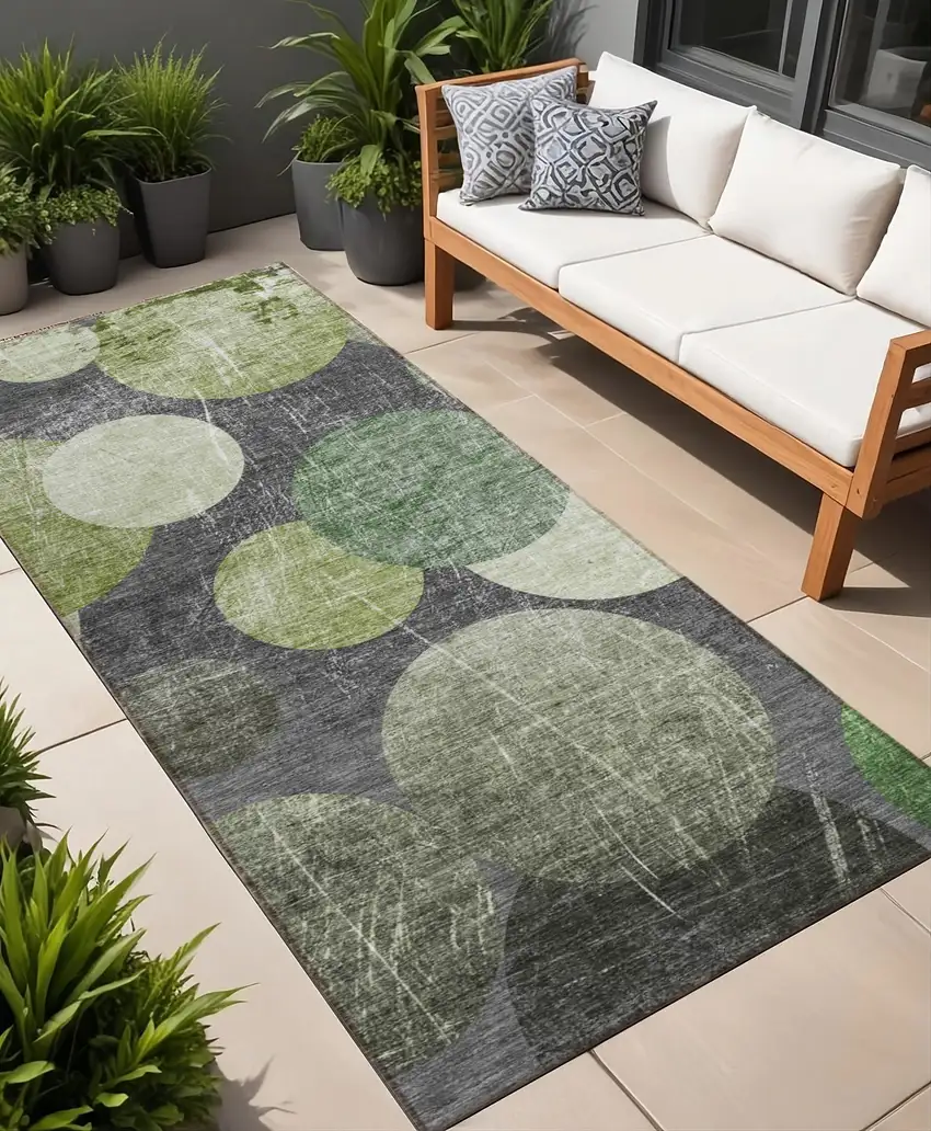 Green and Gray Abstract Washable Non Skid Indoor Outdoor Runner Rug Photo 1